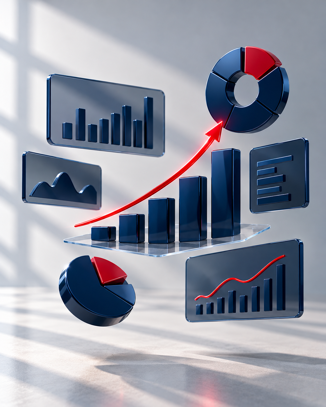 3D dashboard of navy charts with one rising red line — marketing analytics and reporting services