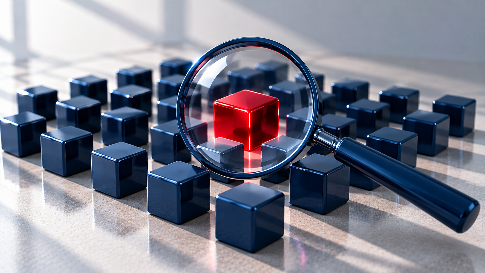 Magnifier over navy data blocks with one red insight