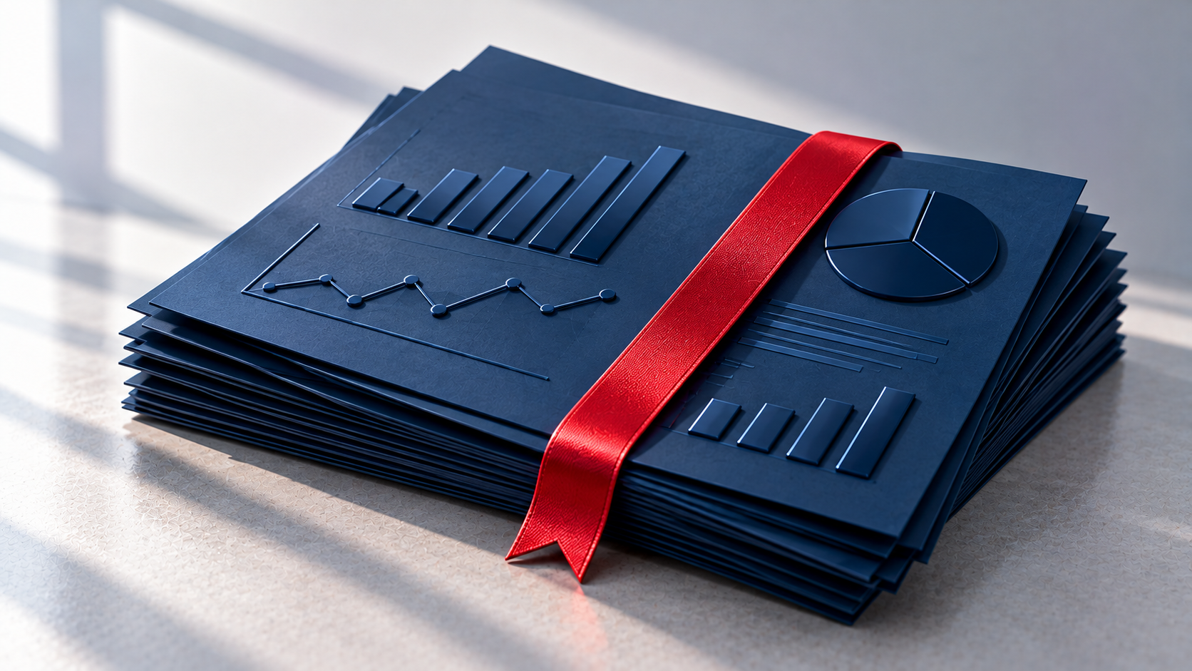 Clean report sheets with navy charts and a red highlight