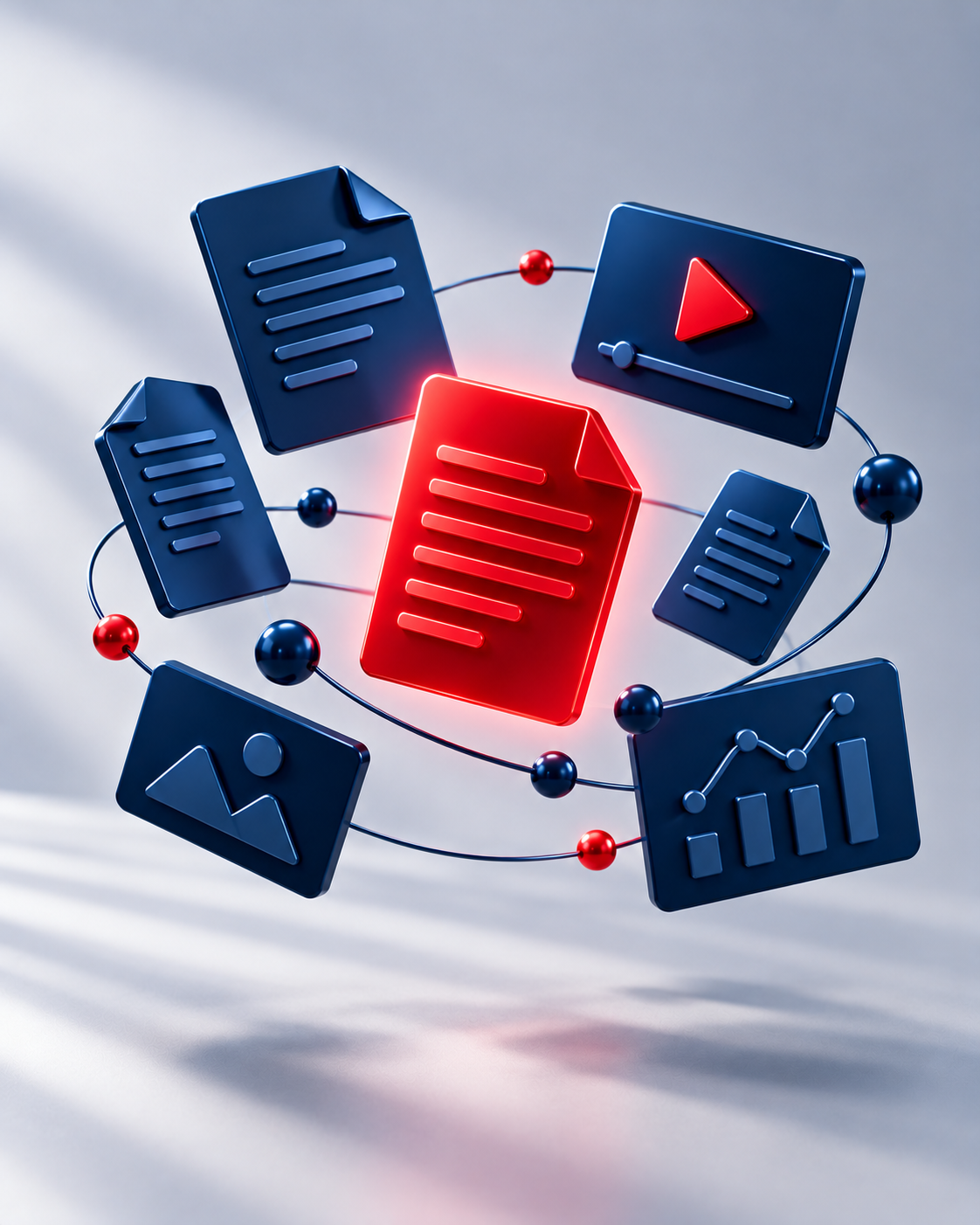 Navy content sheets, play button and pen with one red page — content marketing services