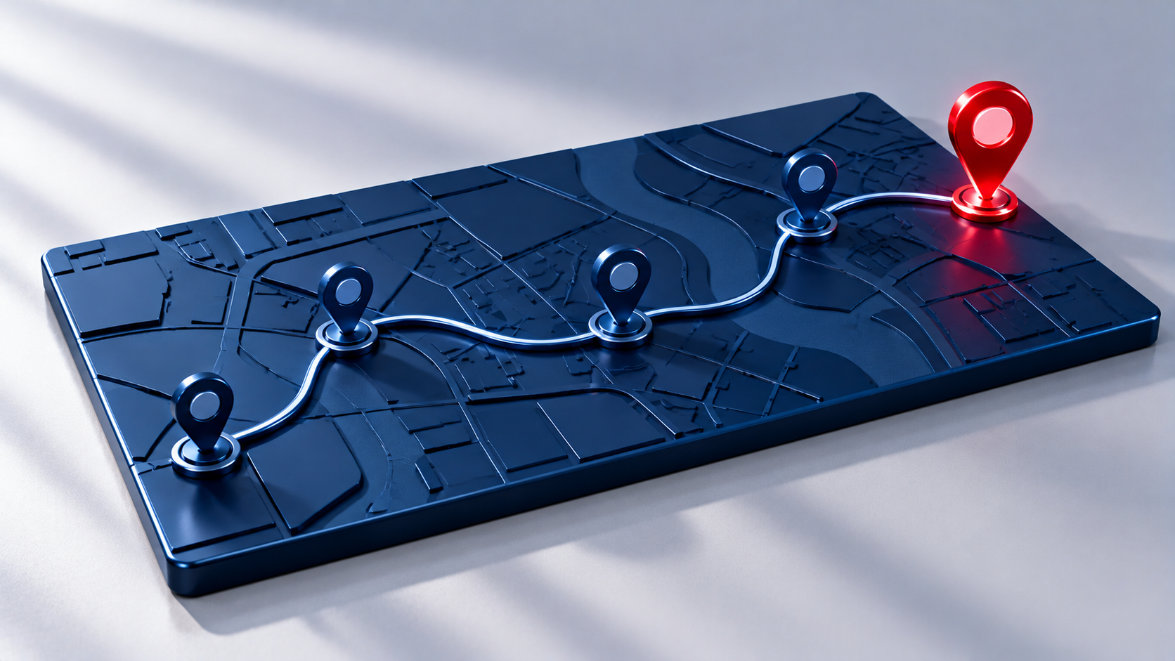 Navy map with a red route pin marking the strategy path