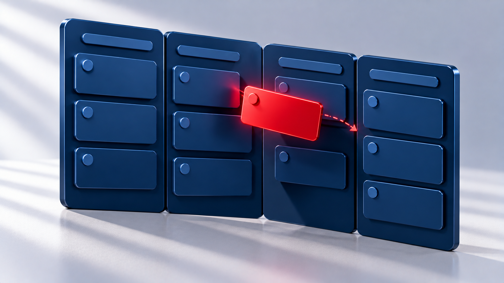 Navy kanban board with one red task card moving