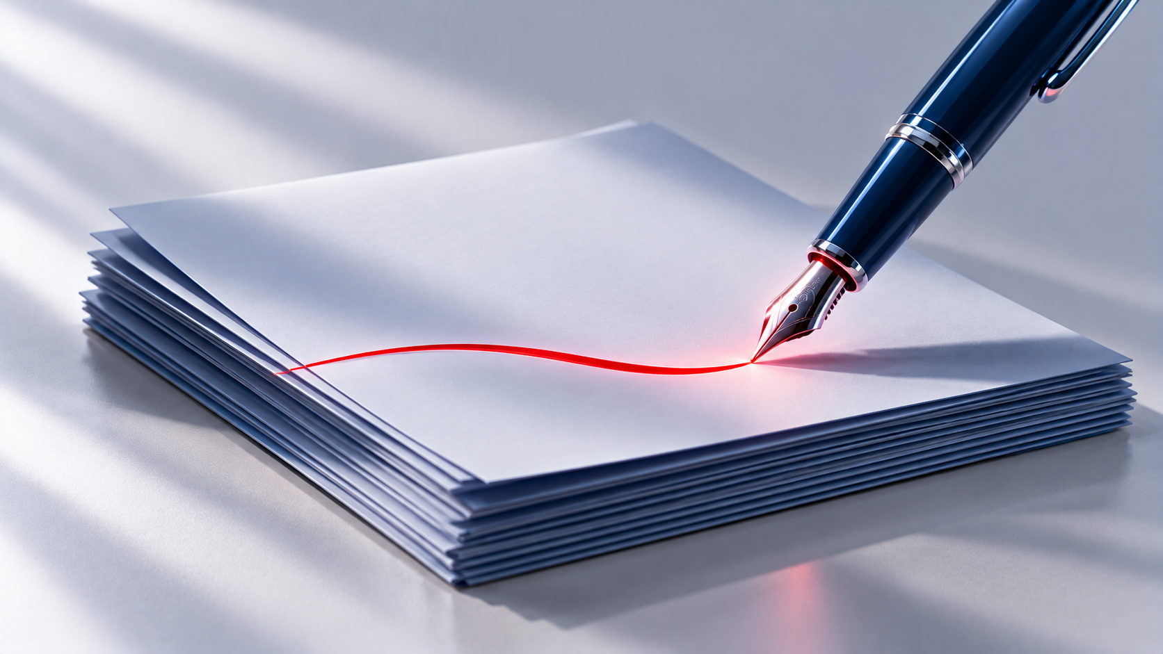 Navy pen writing on stacked sheets with a red highlight line
