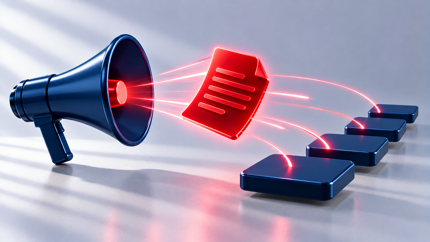 Navy megaphone pushing a red page outward to platforms