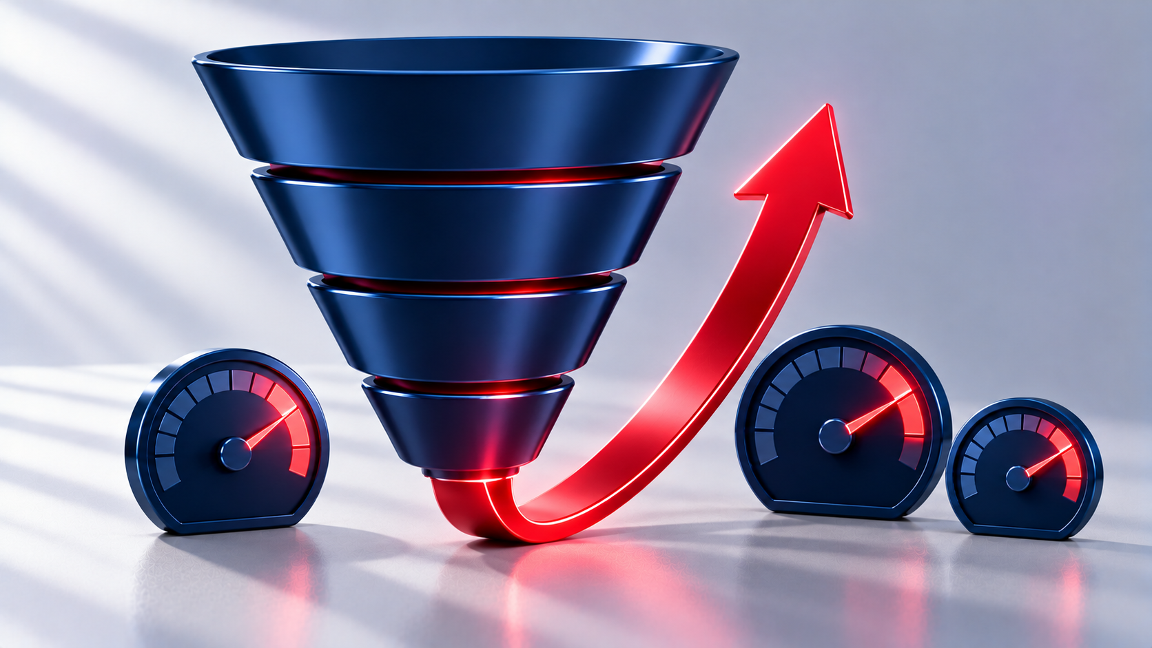 Navy funnel chart with a red ROI arrow rising