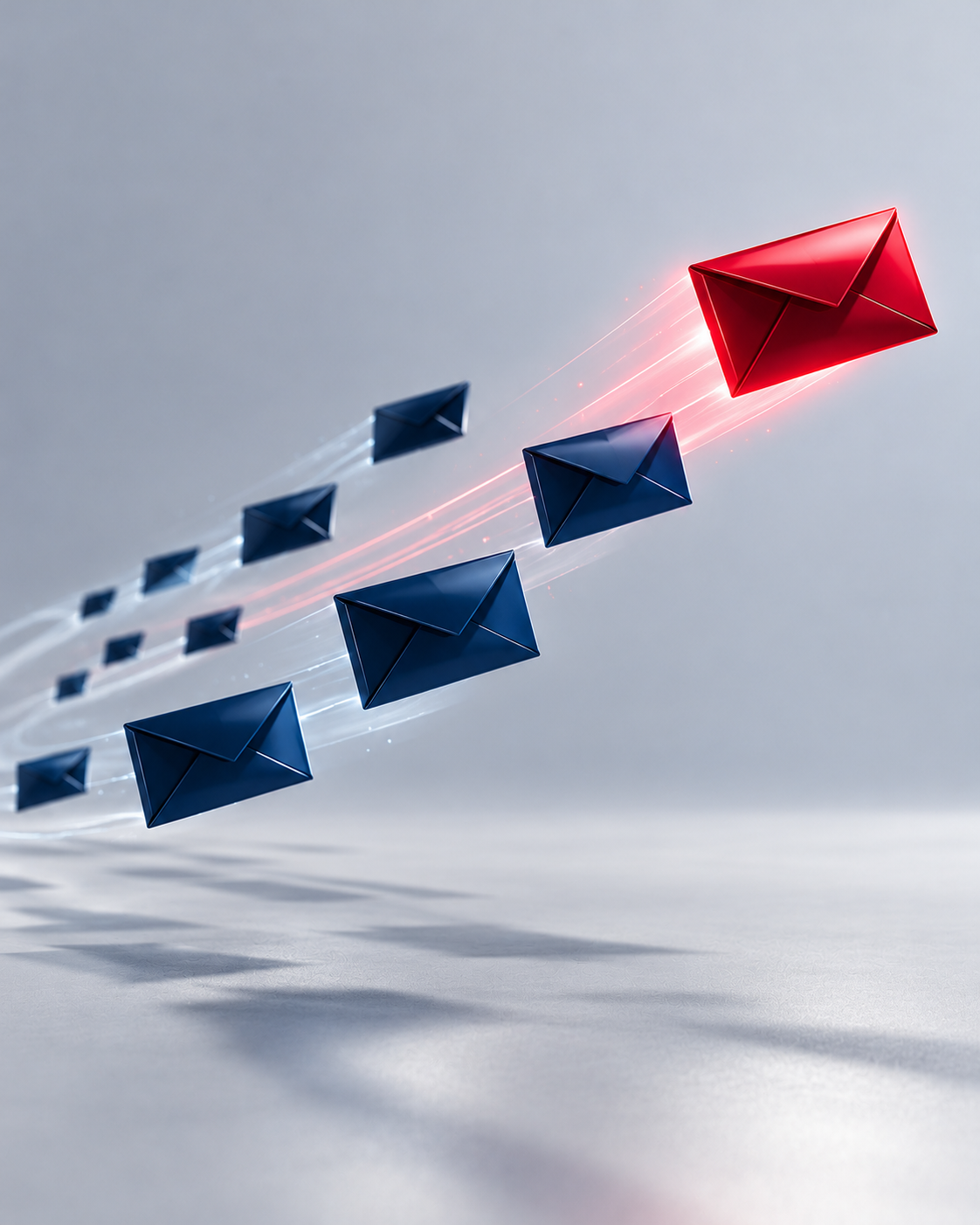 Navy envelopes in flight with one red envelope leading — email marketing services