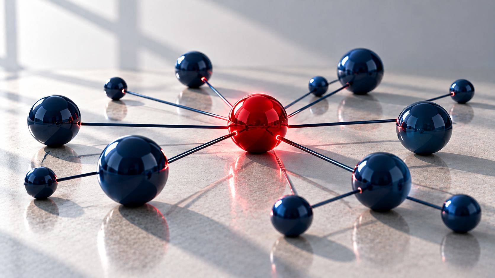 Navy nodes connected in a network with one red hub — media relationships