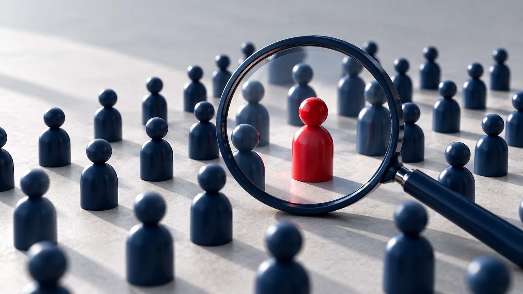 Magnifying glass over abstract audience figures, one highlighted red