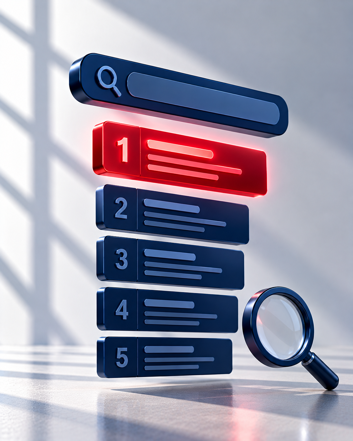 Navy search bar and rising ranking list with the number one spot in red — SEO services