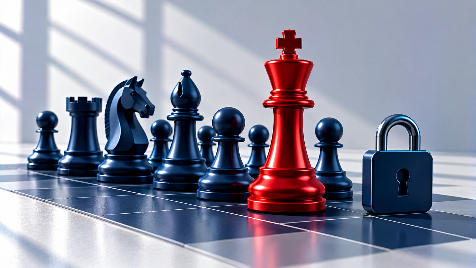 Navy chess pieces on a planning grid with one red piece
