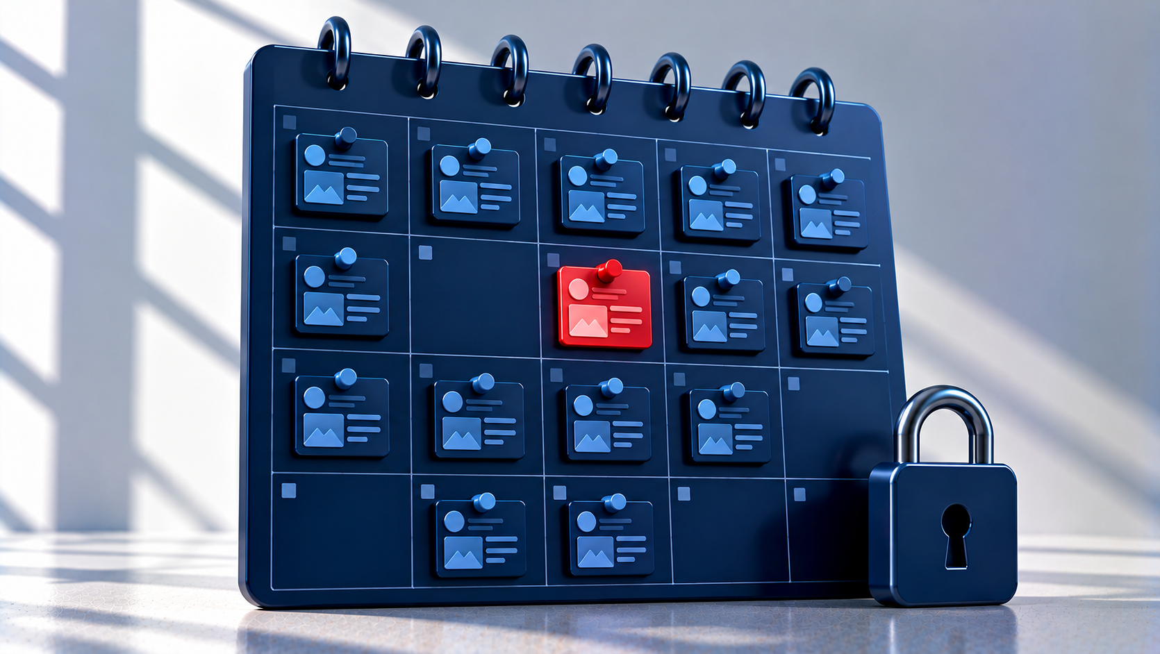Navy calendar grid with post tiles, one red scheduled tile