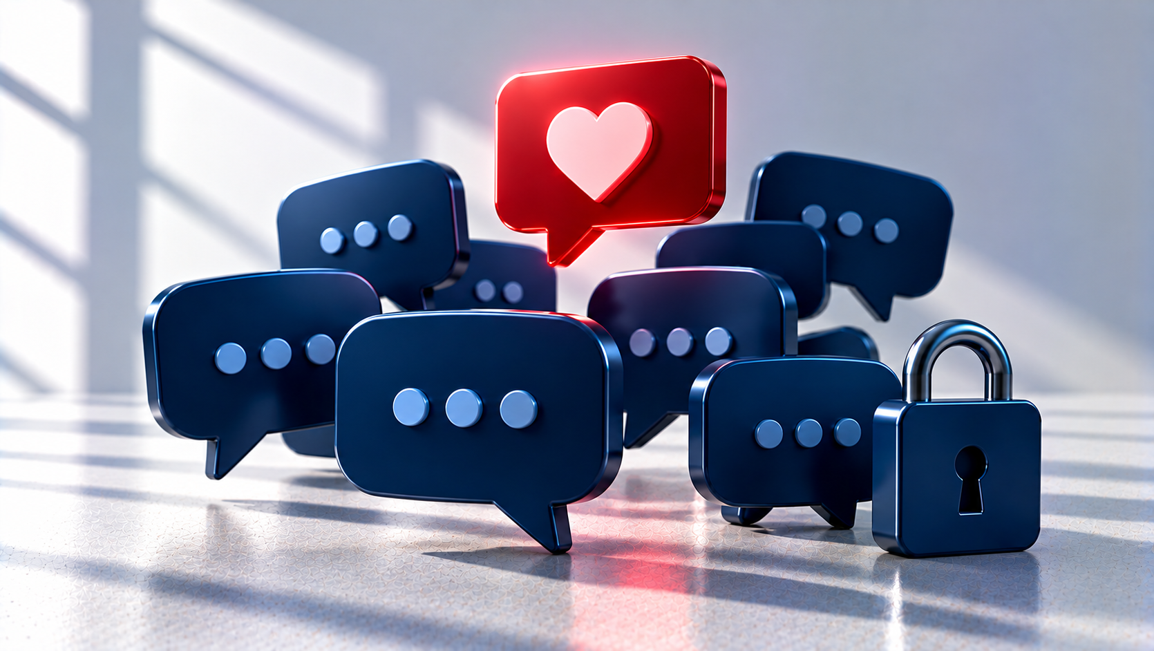 Navy speech bubbles clustering with one red heart bubble