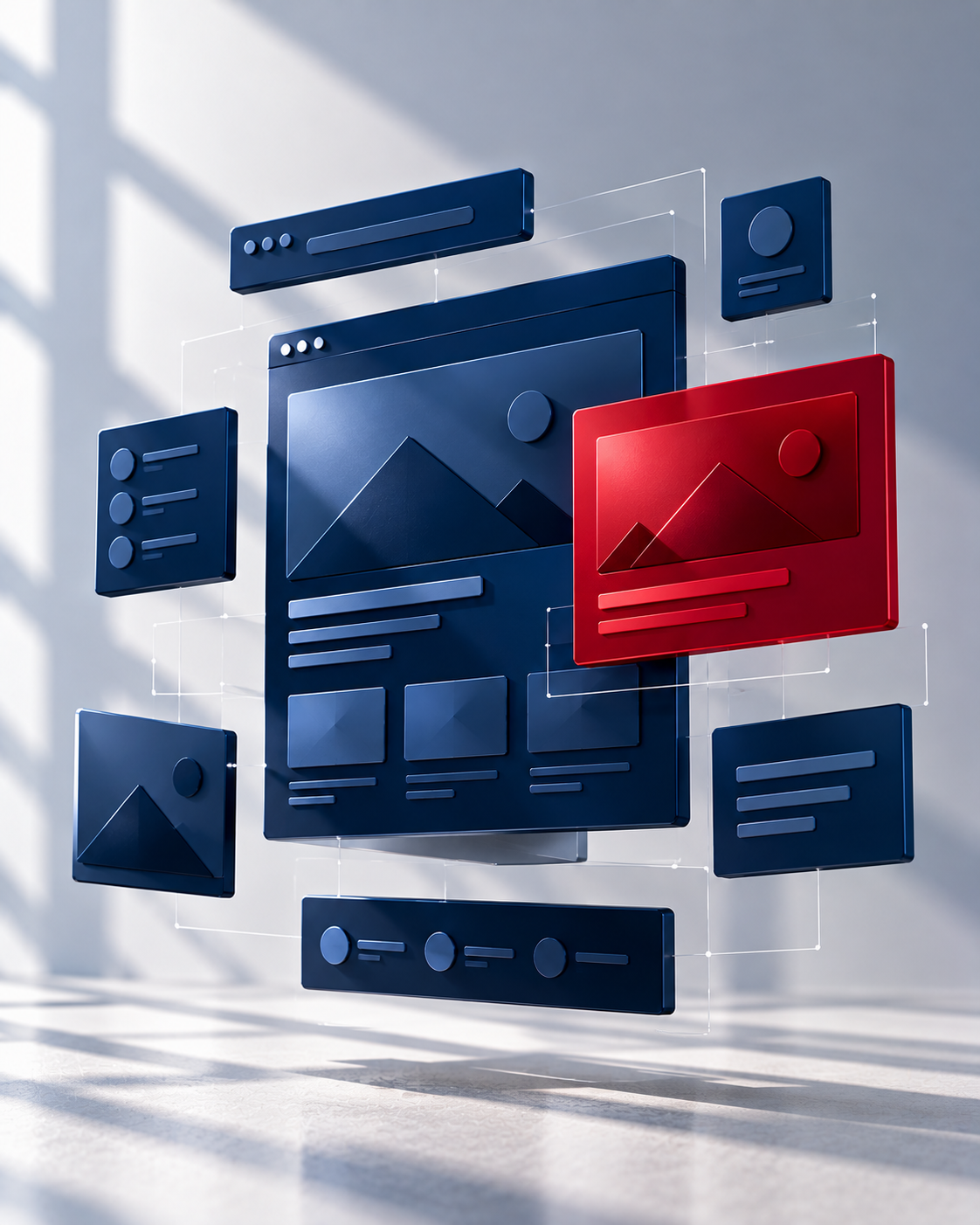Navy browser windows and UI blocks assembling with one red panel — website development and design services