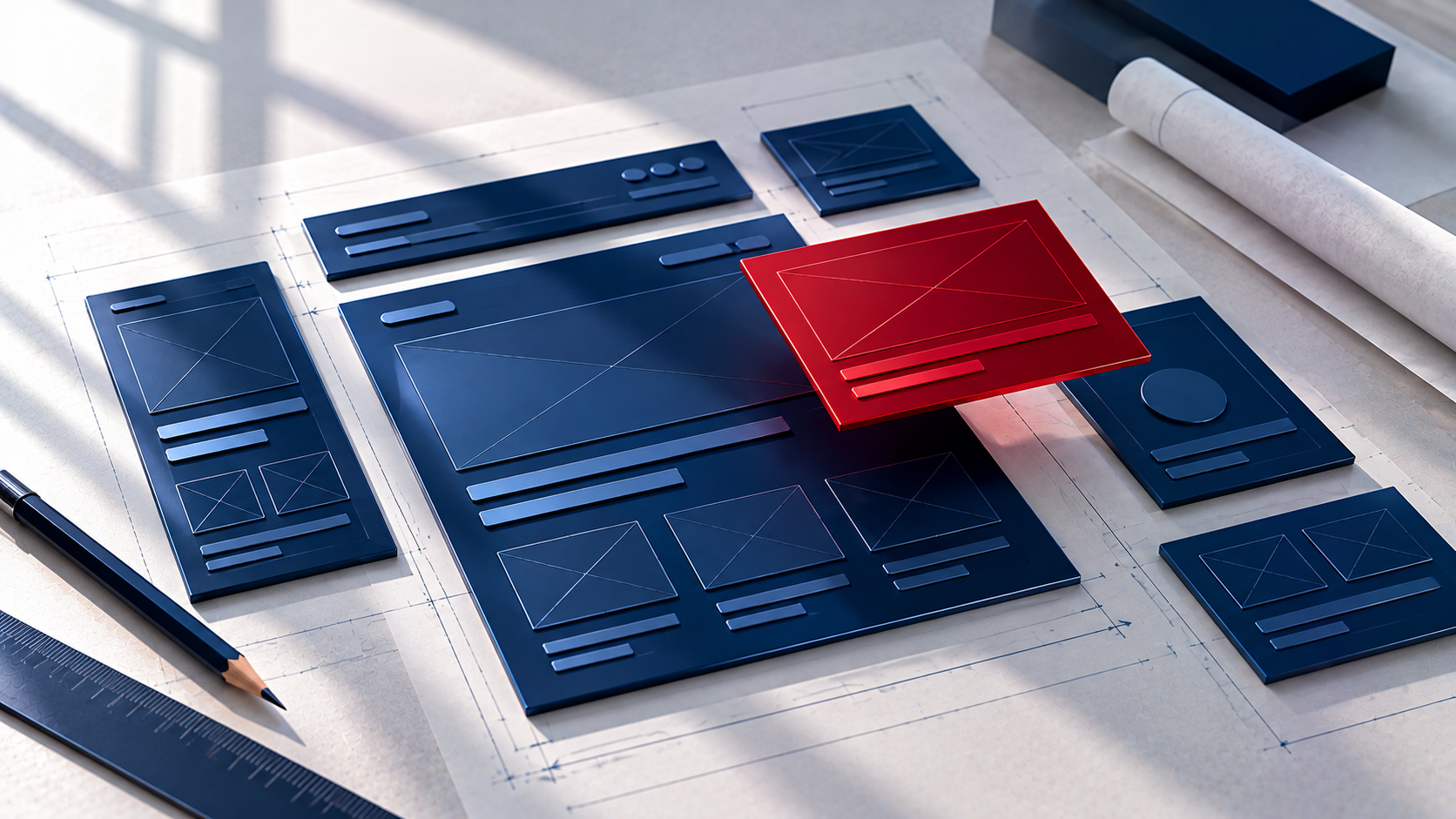 Navy wireframe panels with a red accent panel being placed