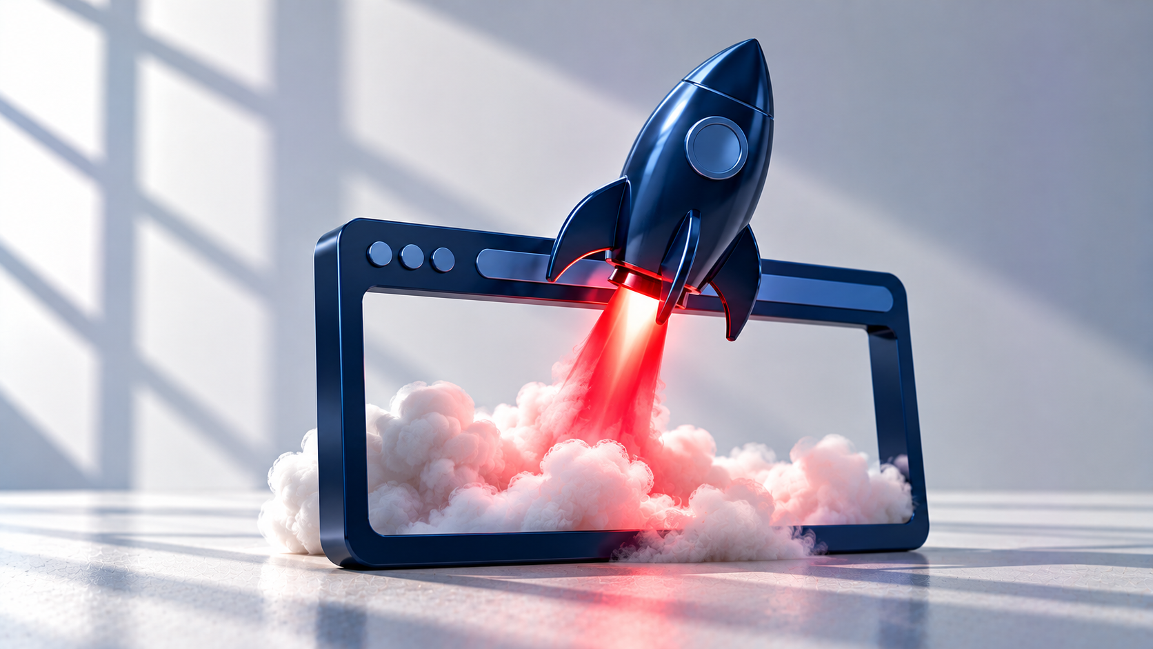 Navy rocket lifting off a browser window with a red flame trail