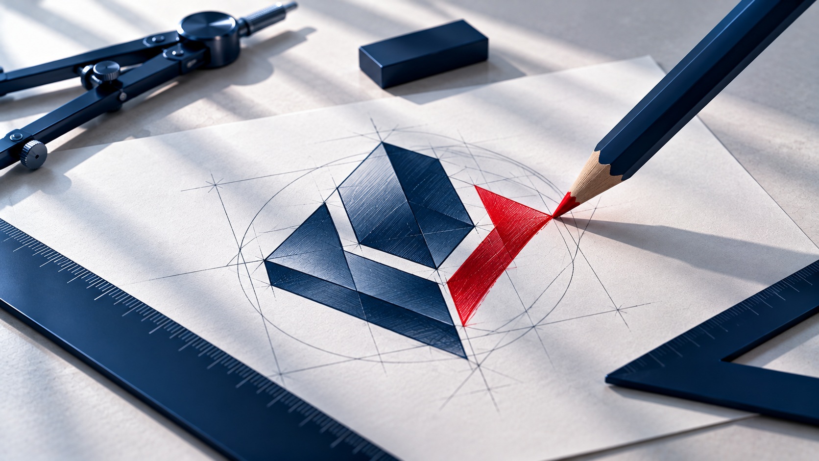 Navy pencil drafting an abstract emblem with a red mark