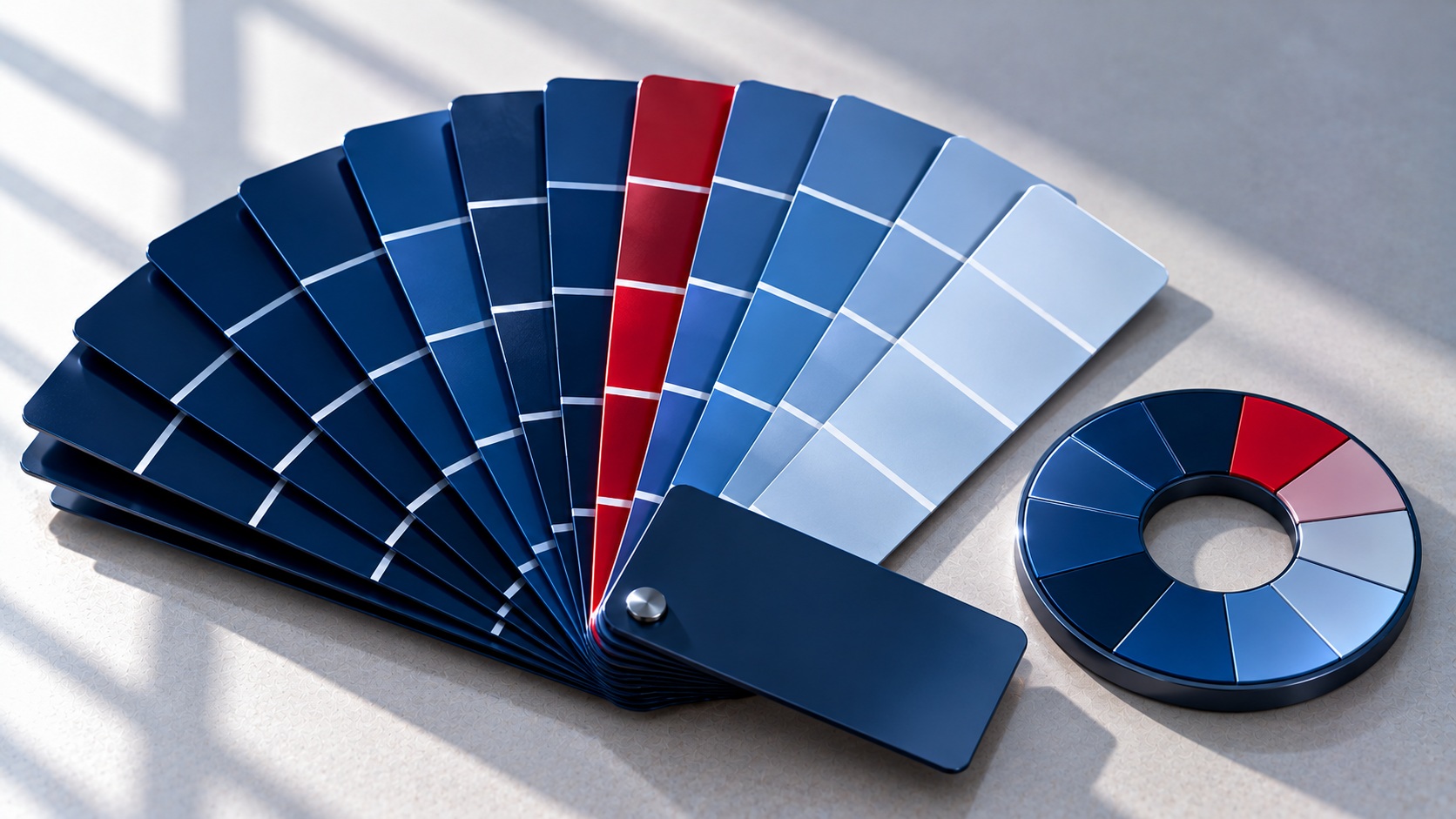 Navy paint swatch cards fanned out with one red swatch