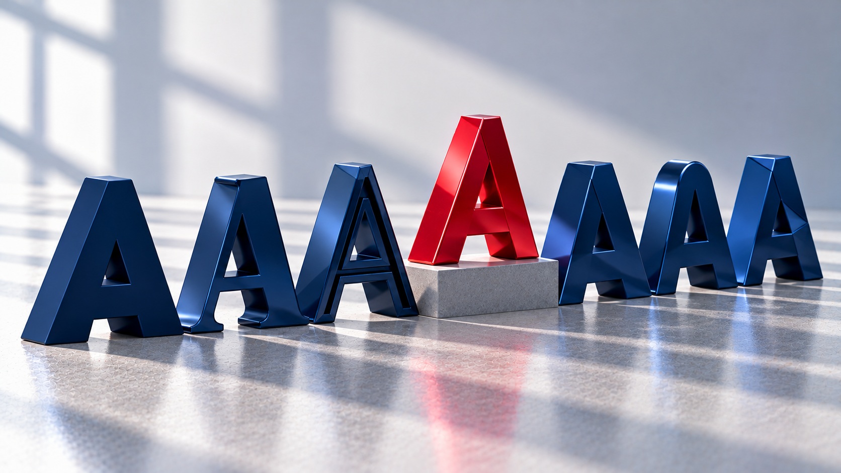 Dimensional navy letterforms with one red letter block