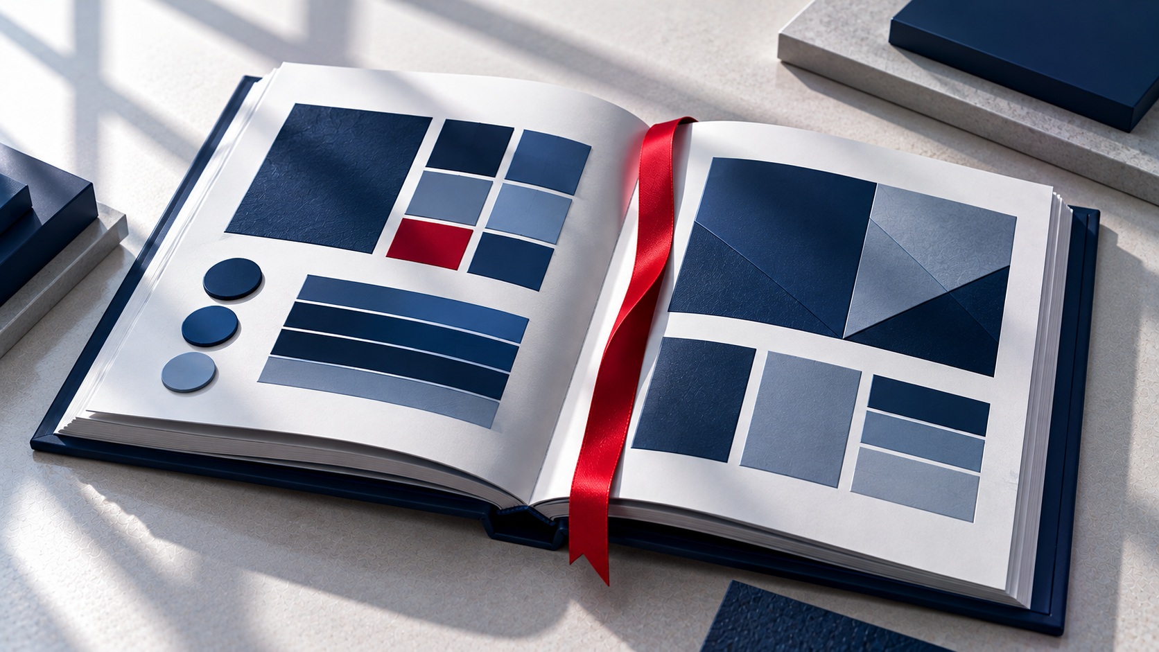 Open brand guideline book with navy swatches and a red ribbon