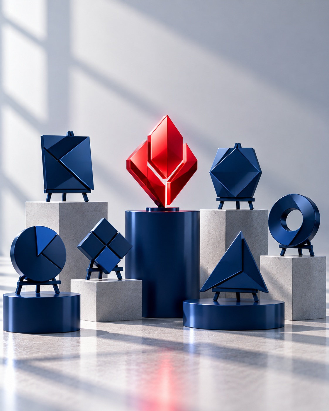 Navy geometric logo shapes on easels with one red emblem — logo design and brand identity design services