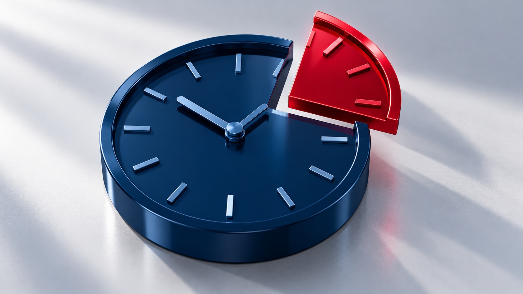 A navy clock with a red segment of time being handed back