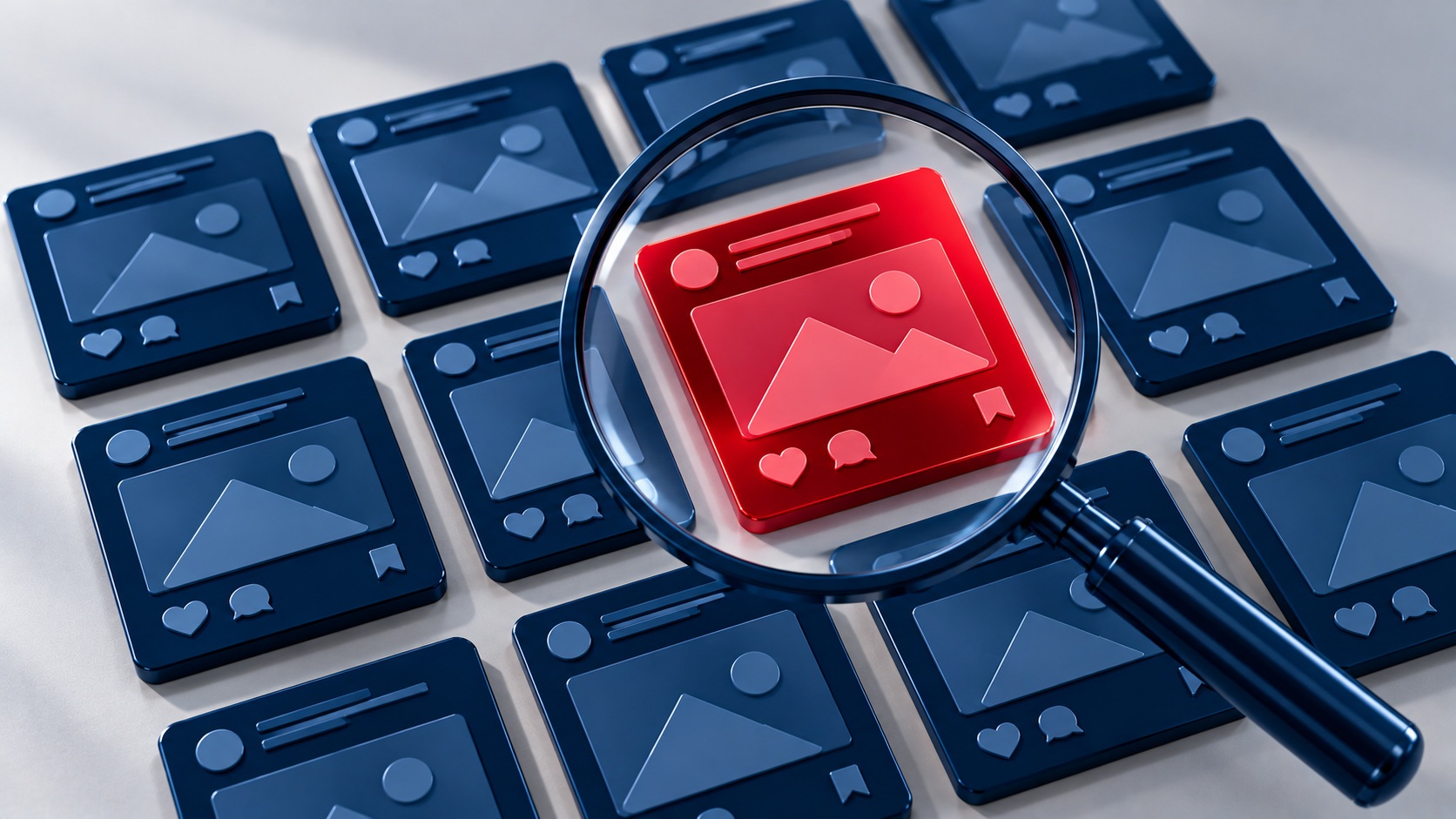 A magnifier over social tiles with one red tile highlighted