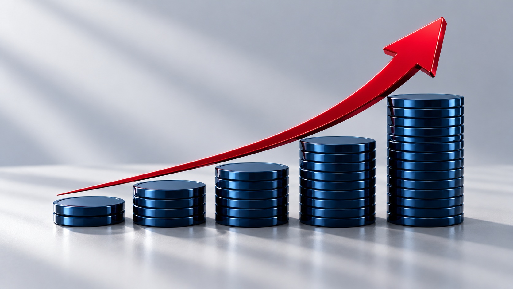 Rising navy coin stacks with a red growth arrow