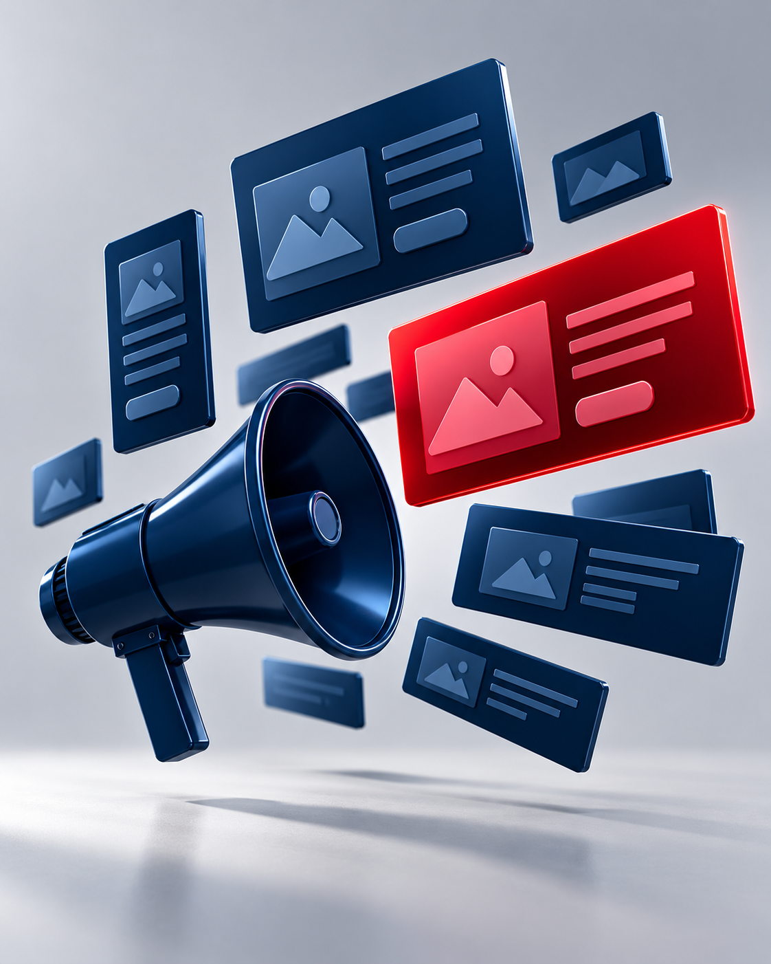 Navy megaphone and floating ad panels with one red banner — online advertising services