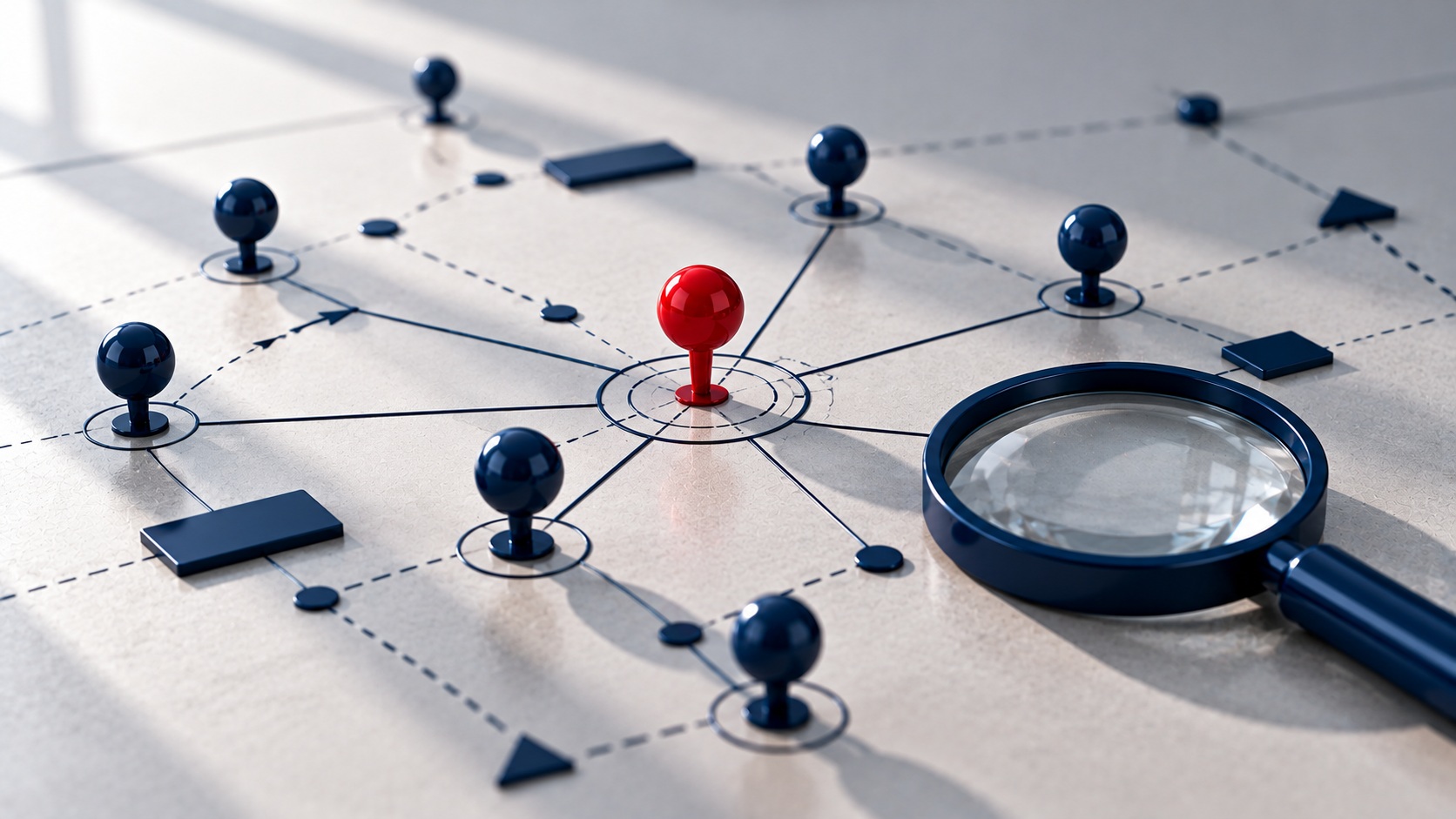 Chess-like planning board with navy markers — strategic PR research