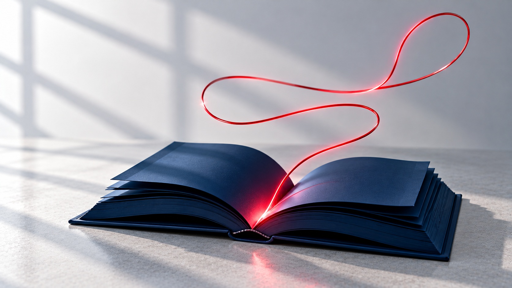 Open book with a red thread weaving a story