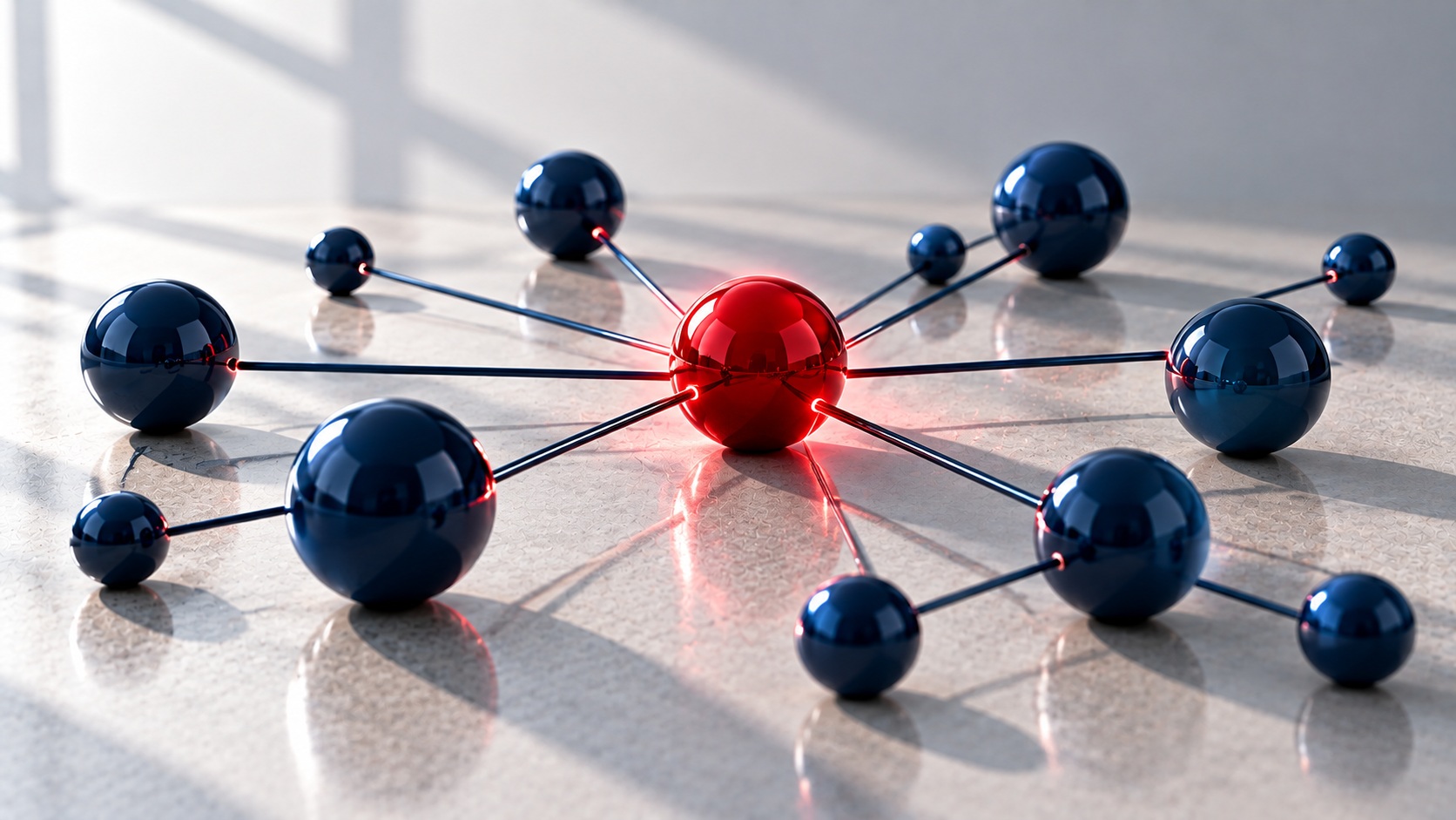 Navy nodes connected in a network with one red hub — media relationships