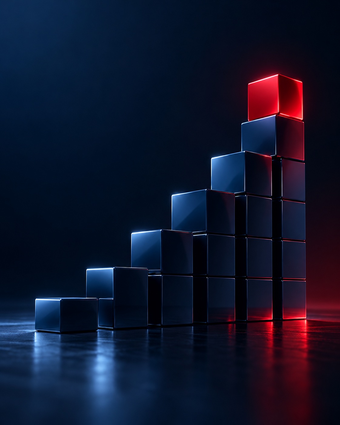 Navy cubes stacking into a tower with a red cube at the top — building a brand