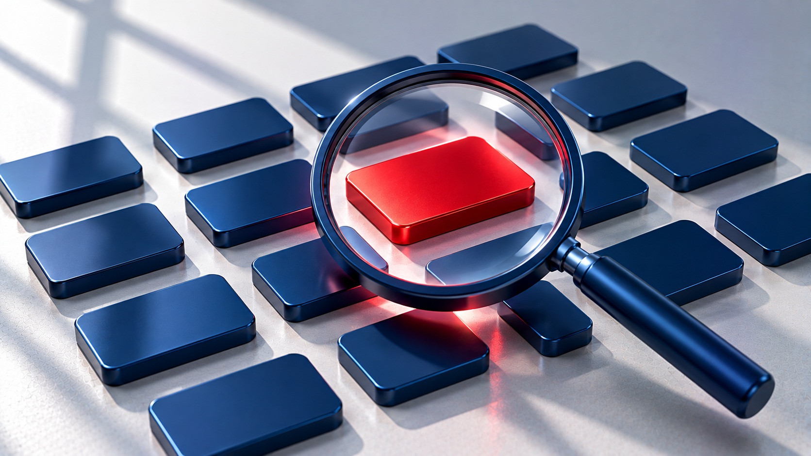 Magnifier over navy keyword tiles with one red tile