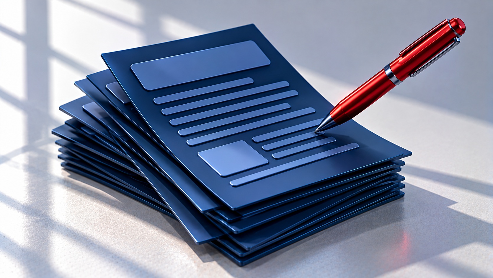 Navy document sheets with a red pen refining them