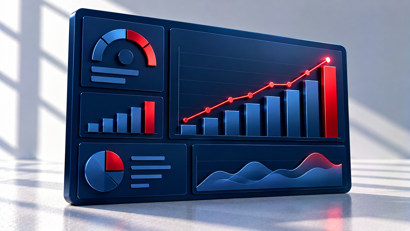 Navy dashboard gauges with one red rising metric